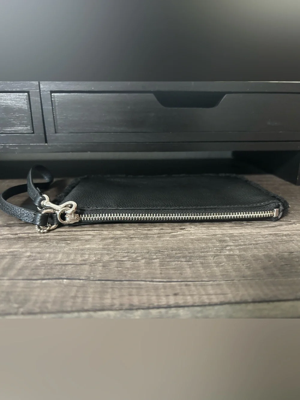 Coach Black Pebbled Leather Shearling-Trim Wristlet